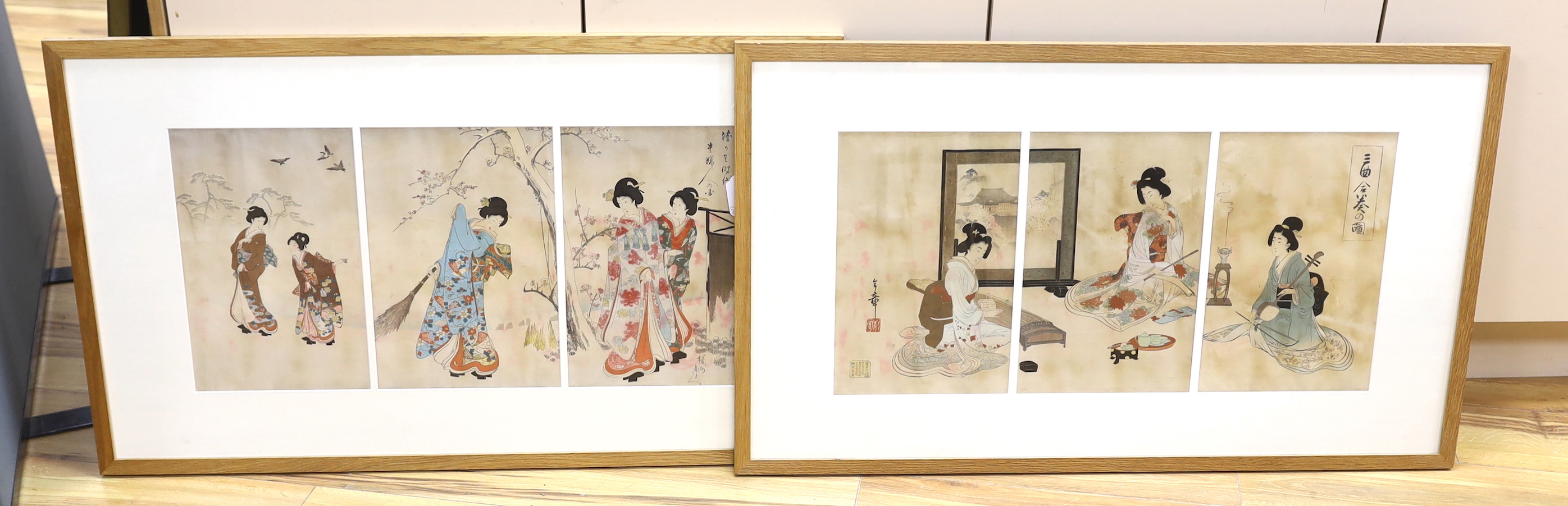 Japanese School, pair of triptych woodblock prints, Females wearing kimonos, 34 x 70cm